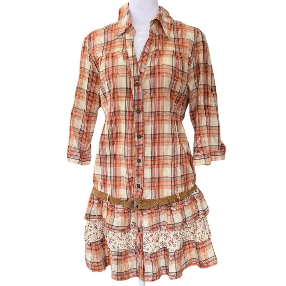 Y2K Plaid Floral Ruffle‎ Belt Orange Mini Dress Cotton Large Western Fem Cowgirl